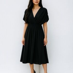 Oak + Fort Pleated V-Neck Dress In Black | Size XS